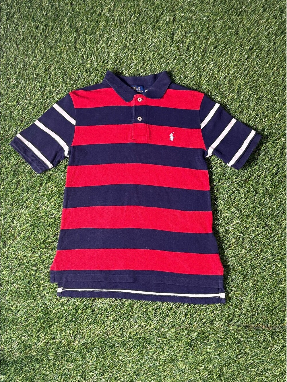 Vintage Polo Ralph Lauren Striped Polo Shirt Red Navy Cotton Boys Size S